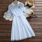 Short-sleeve Cat Sheer Panel Midi A-line Dress