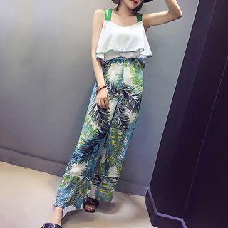 Leaf Print Cut Out Shoulder Elbow Sleeve Jumpsuit