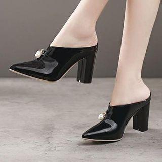 Patent Pearl Dangle Block Heel Mules