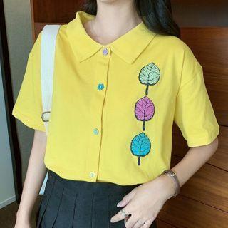 Short-sleeve Leaf Embroidered Polo Shirt