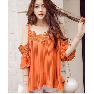 Lace Trim Off-shoulder Pleated Chiffon Top