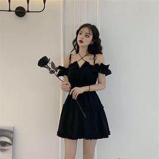 Off-shoulder Mini A-line Dress Black - One Size