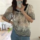 Short-sleeve Floral Embroidered Chiffon Blouse Black Print - Milky White - One Size