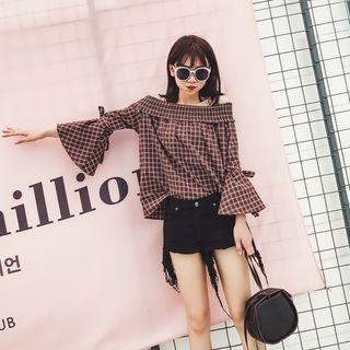 Off-shoulder Plaid Elbow-sleeve T-shirt