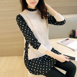 Polka Dot Mock Two-piece Long Sleeve Top
