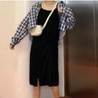 Long-sleeve Plaid Shirt / Spaghetti Strap Midi Dress