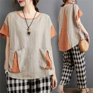 Short-sleeve Color-block Loose-fit Top As Shown In Figure - One Size