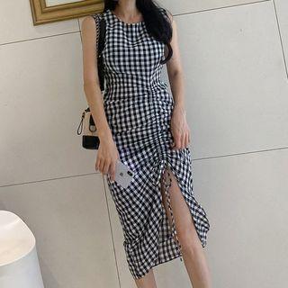 Sleeveless Plaid Drawstring Mermaid Dress