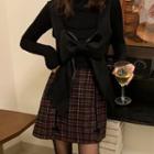 Plain Bow Top / Plaid High-waist Mini Skirt