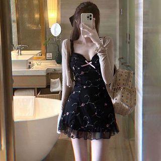Spaghetti-strap Floral Mini Sheath Dress / Cropped Cardigan / Set