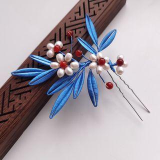 Flower Faux Pearl Alloy Hair Stick White Faux Pearl - Blue - One Size