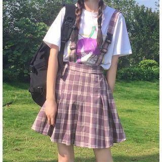 Short-sleeve Printed Shirt / Plaid Mini A-line Suspender Skirt