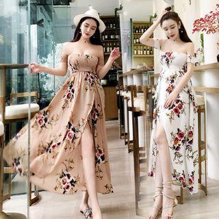 Off-shoulder Floral Print Chiffon A-line Midi Dress