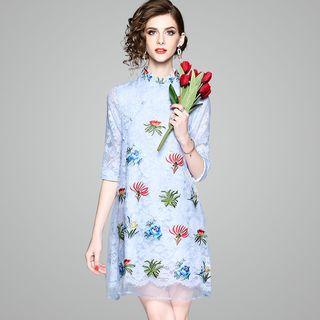 Elbow-sleeve Mandarin Collar Embroidered Minidress