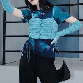 Set: Short-sleeve Tie-dyed T-shirt + Spaghetti Strap Ruched Top