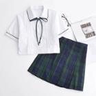 Set: Short-sleeve Shirt + Check Pleated Skirt
