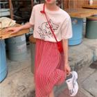 Printed Short-sleeve T-shirt / Striped Midi Skirt