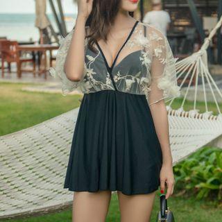 Dotted Mesh Panel Short Sleeve Swimdress