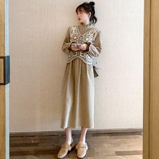 Set: Long-sleeve Frill Trim Midi A-line Dress + Crochet Camisole Top