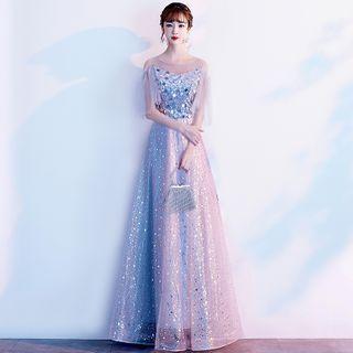 Elbow-sleeve Sequin A-line Mesh Gown