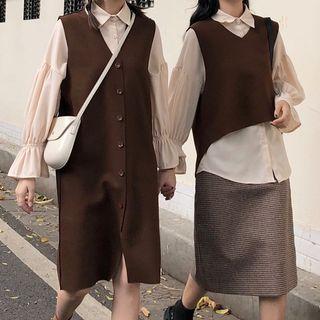 Trumpet Cuff Shirt / V-neck Vest / V-neck Buttoned Jumper Dress