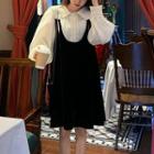 Set: Pintuck Blouse + Overall Dress Blouse - Off White - One Size / Dress - Black - One Size