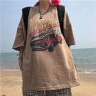 Elbow-sleeve Car Graphic T-shirt