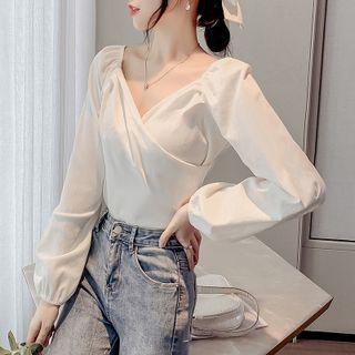 Puff Sleeve V-neck Plain Blouse