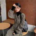 Plain Turtle-neck Long-sleeve Knit Top / Floral Print Long-sleeve Dress