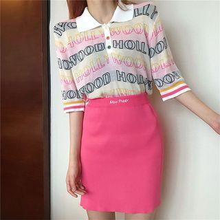 Set: Short-sleeve Lettering Knit Polo Shirt + Mini Sheath Skirt