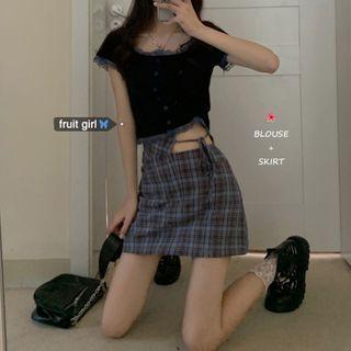 Short-sleeve Cropped Top / Plaid Skirt