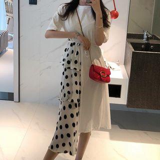 Short-sleeve Dotted Panel Asymmetrical T-shirt Dress