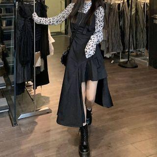 Leopard Print Long-sleeve Top / Asymmetric Midi A-line Pinafore Dress