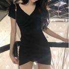 Short-sleeve V-neck Plain Asymmetric Knit Dress