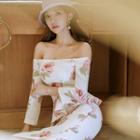Floral Print Off-shoulder 3/4-sleeve Peplum Dress