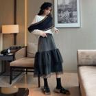 Color-block Loose-fit Knit Top / Mesh Skirt