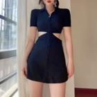 Short-sleeve Cutout A-line Polo Dress Black - One Size