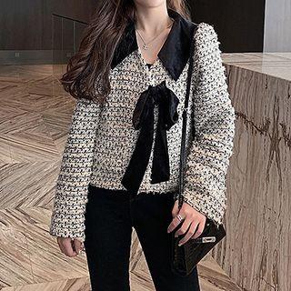 Bow-detail Lapel Tweed Short Coat