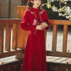Bell-sleeve Mock-neck Embroidered Maxi A-line Dress