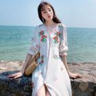 Flower Embroidered Elbow-sleeve Midi A-line Dress