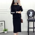 Set: Stripe Long-sleeve Knit Sweater + Midi Skirt