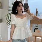 Puff-sleeve Faux Pearl Peplum Blouse