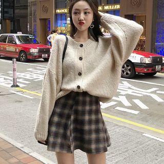 Buttoned Cardigan/ Plaid Mini A-line Skirt/ Set