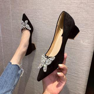 Butterfly Rhinestone Block-heel Pumps