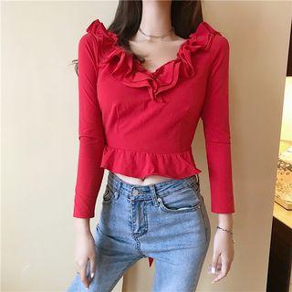 3/4-sleeve Frill-trim Mesh Panel Crop Top