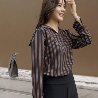 Sailor-collar Slit-cuff Stripe Blouse