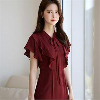 Tie-neck Frill-sleeve Sheath Dress