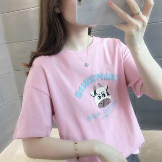 Short-sleeve Cartoon Cow Embroidered T-shirt
