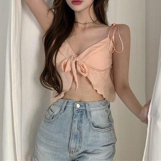 Tie-front Cropped Camisole Top Pink - One Size