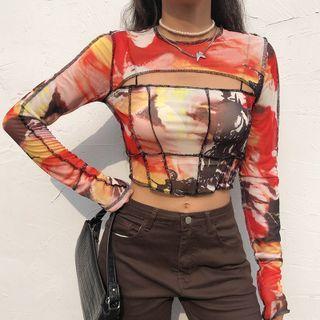 Cutout Print Mesh Cropped T-shirt